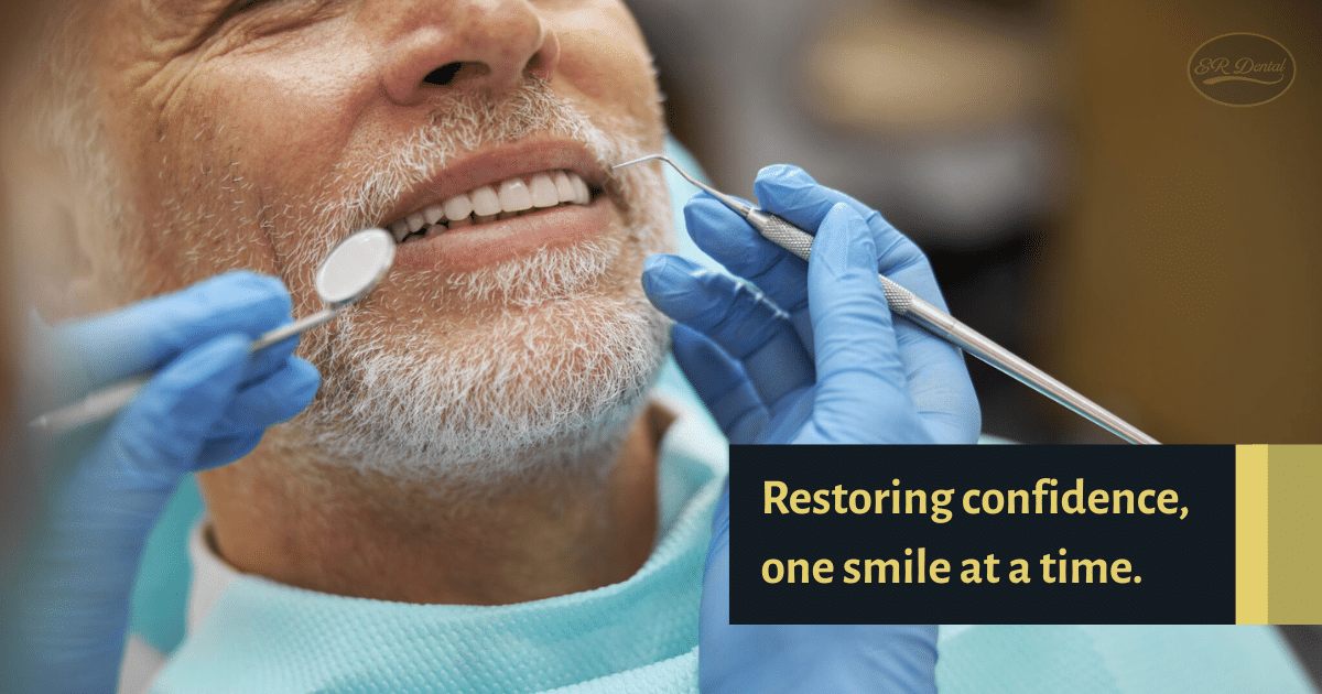 ER Dental dentist examining patient's teeth and gums, restoring confidence with dental care.