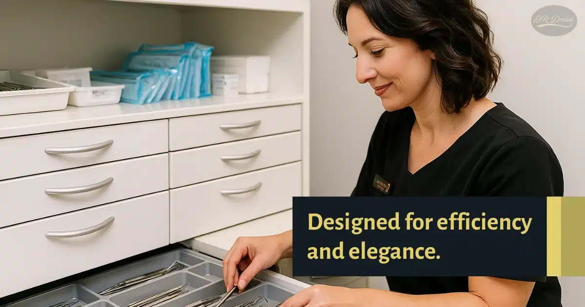 Assistant organizing dental instruments from drawer in clean workspace.