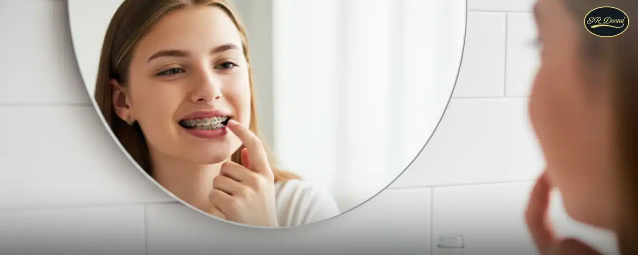 Young woman checking her new metal braces in a bathroom mirror to ensure comfort and cleanliness.
