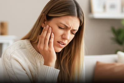 Young woman with wisdom tooth jaw pain at home