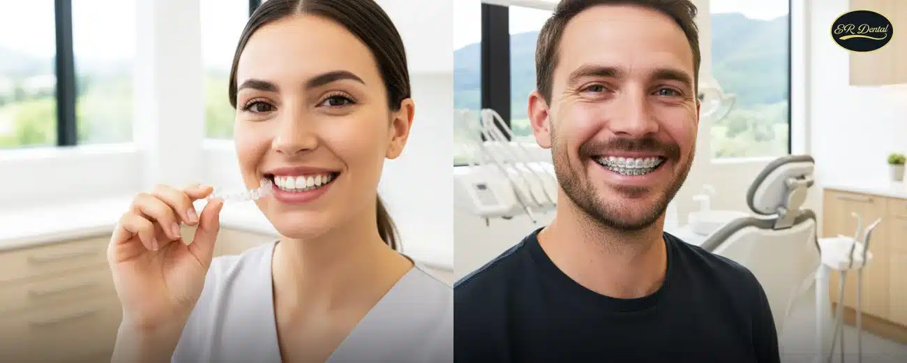 Clear Aligners vs braces comparison showing a woman holding a clear aligner tray beside a man smiling with metal braces in a dental clinic.