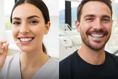 Clear Aligners vs braces comparison showing a woman holding a clear aligner tray beside a man smiling with metal braces in a dental clinic.