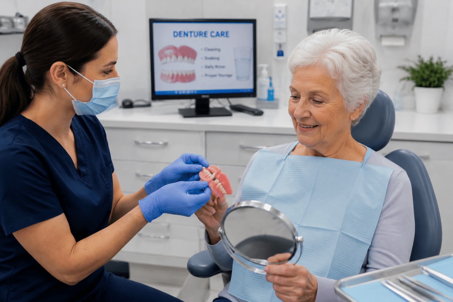 8 Dentist showing dentures to elderly patient