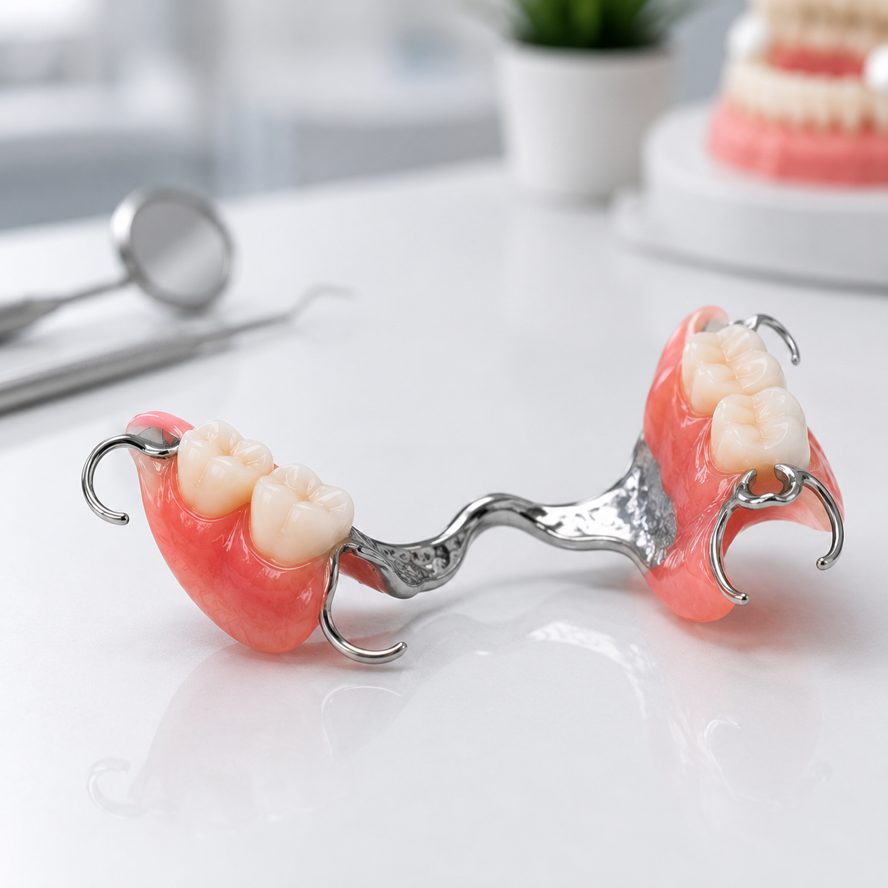 Partial denture on a clinical surface