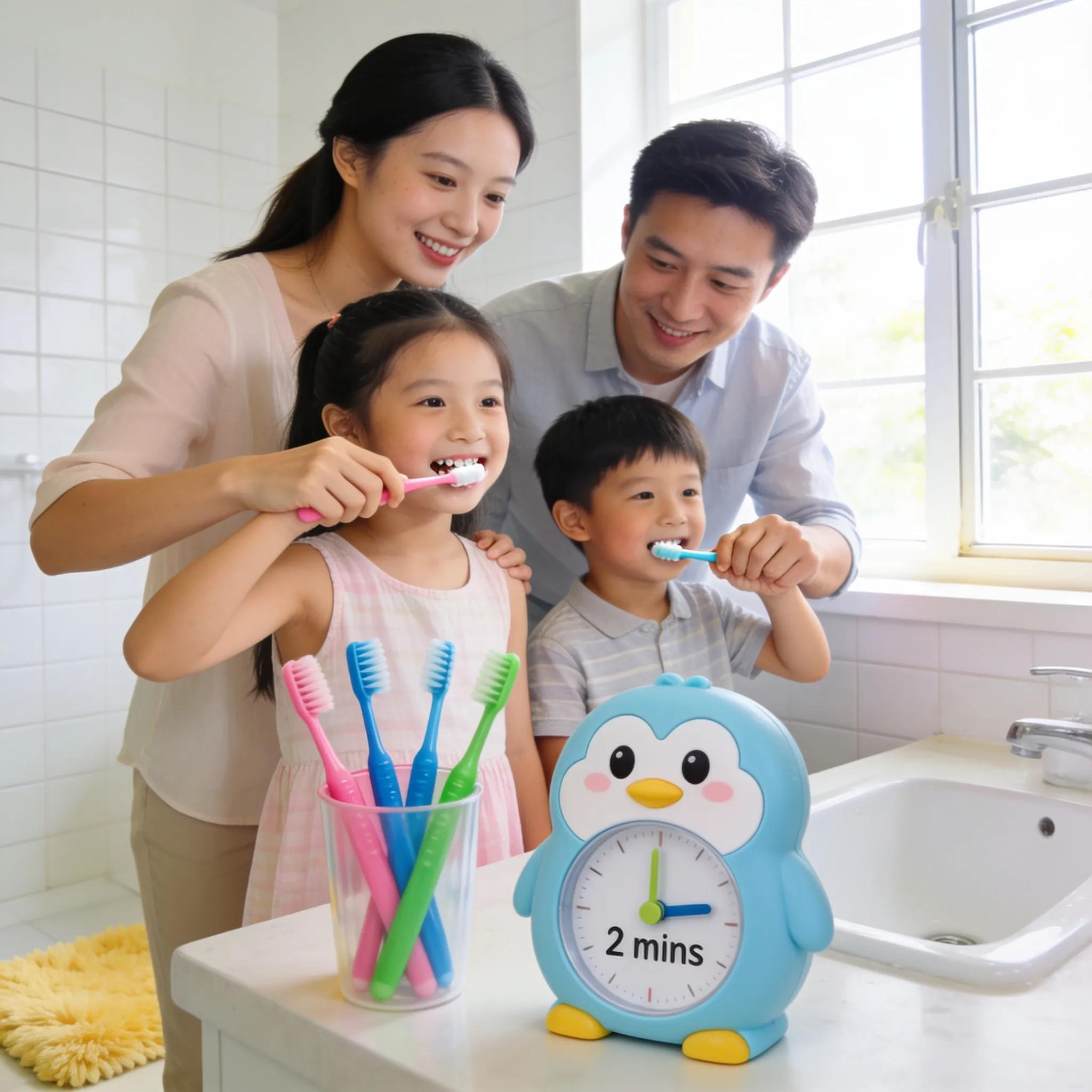 Family practicing dental hygiene together with children brushing teeth