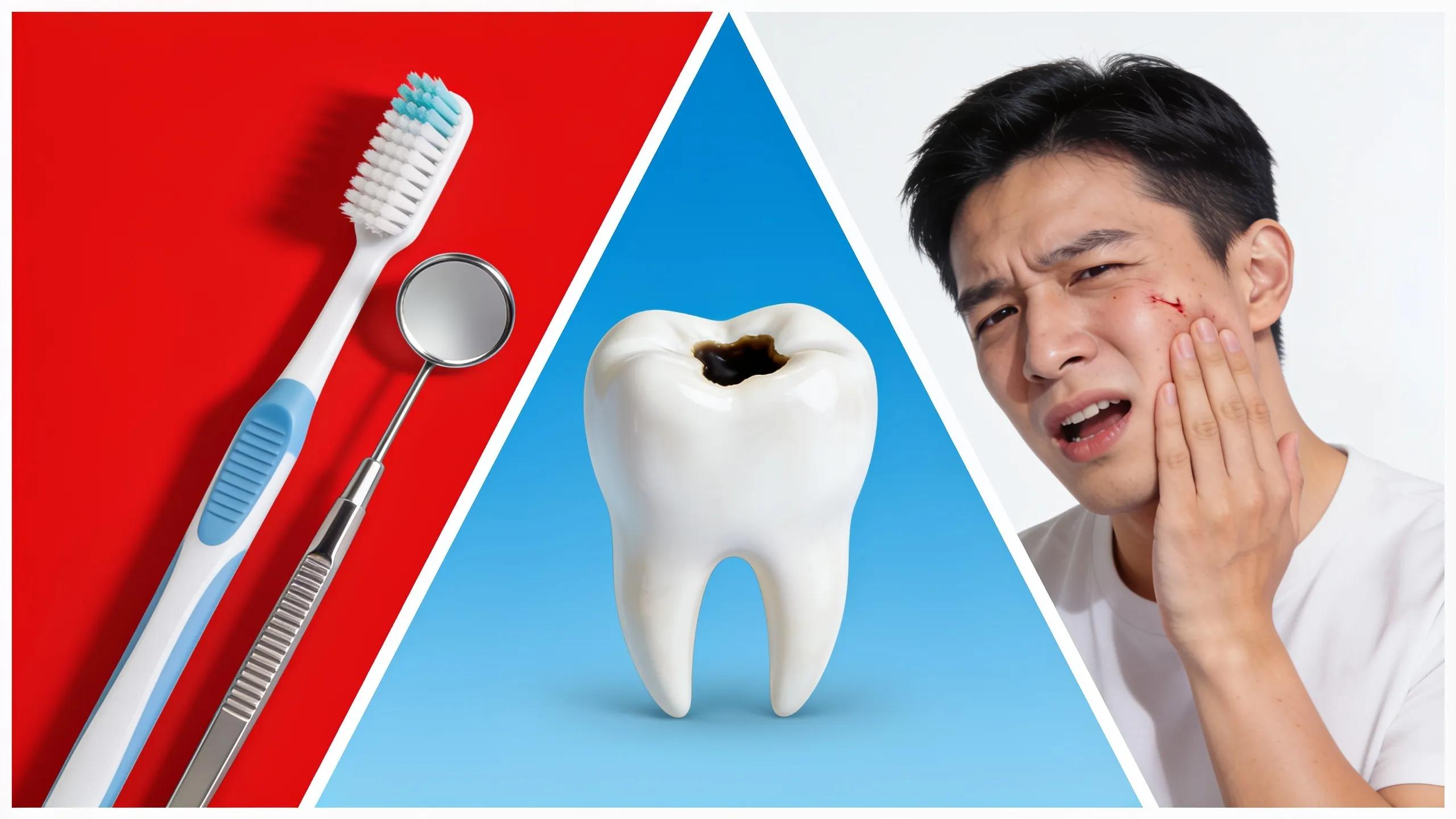 Man experiencing dental trauma and toothache with dental tools and a damaged tooth.