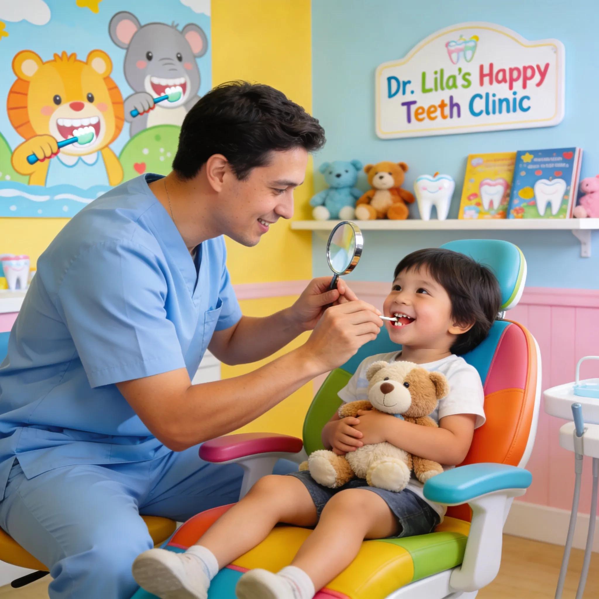 Pediatric dentist providing gentle care to a child in a friendly dental office