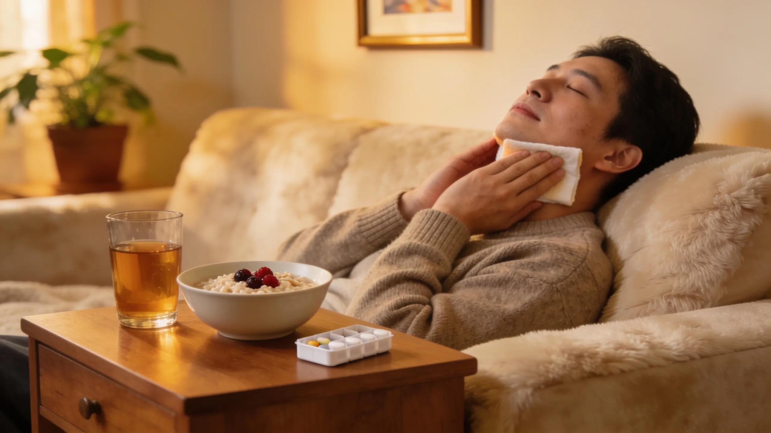 Patient recovering at home with care practices after dental implant surgery