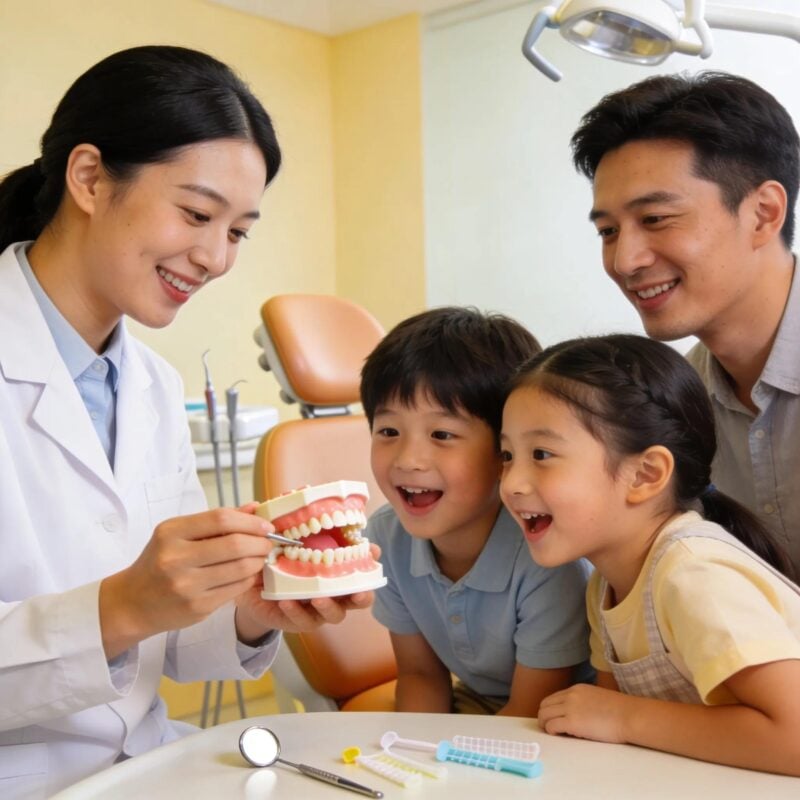 Family-friendly dental care experience with a dentist showing a teeth model to children