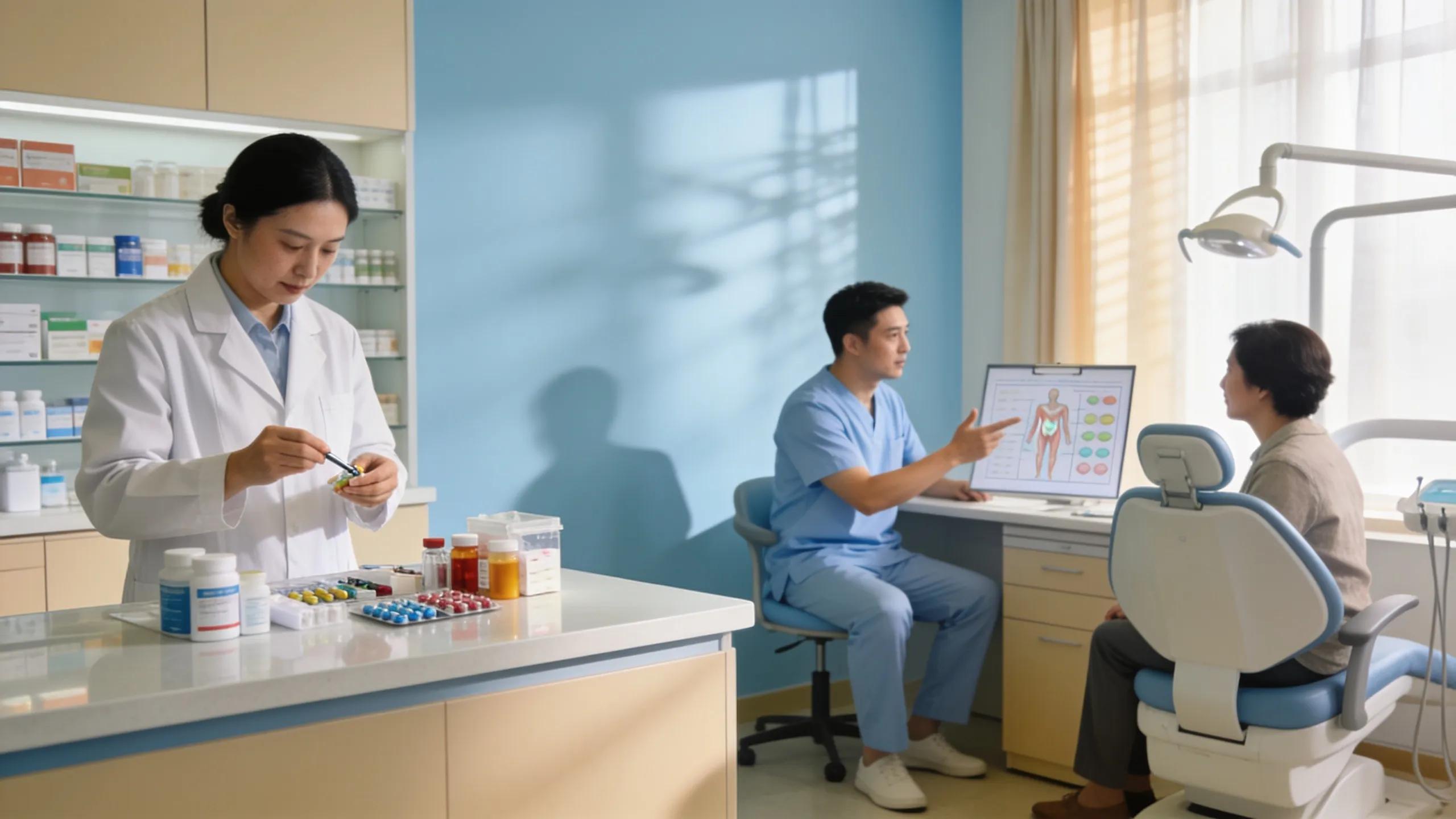 Dental professional explaining treatment plan to patient in ER Dental clinic, medications and diagnostic imaging visible.