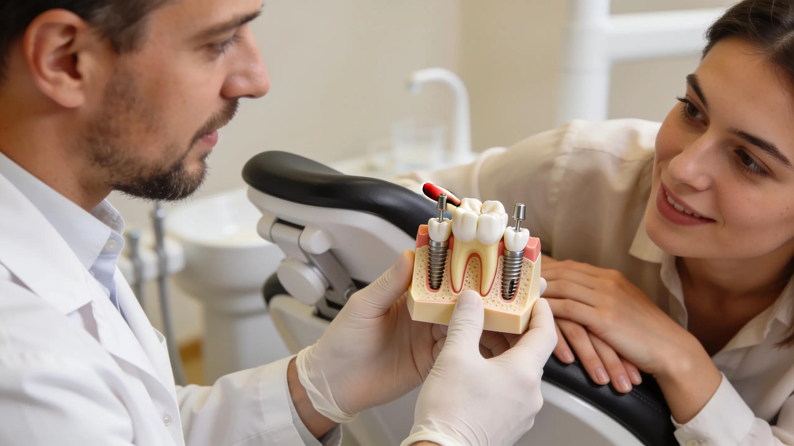 Dental professional discussing implant options with a patient using a model