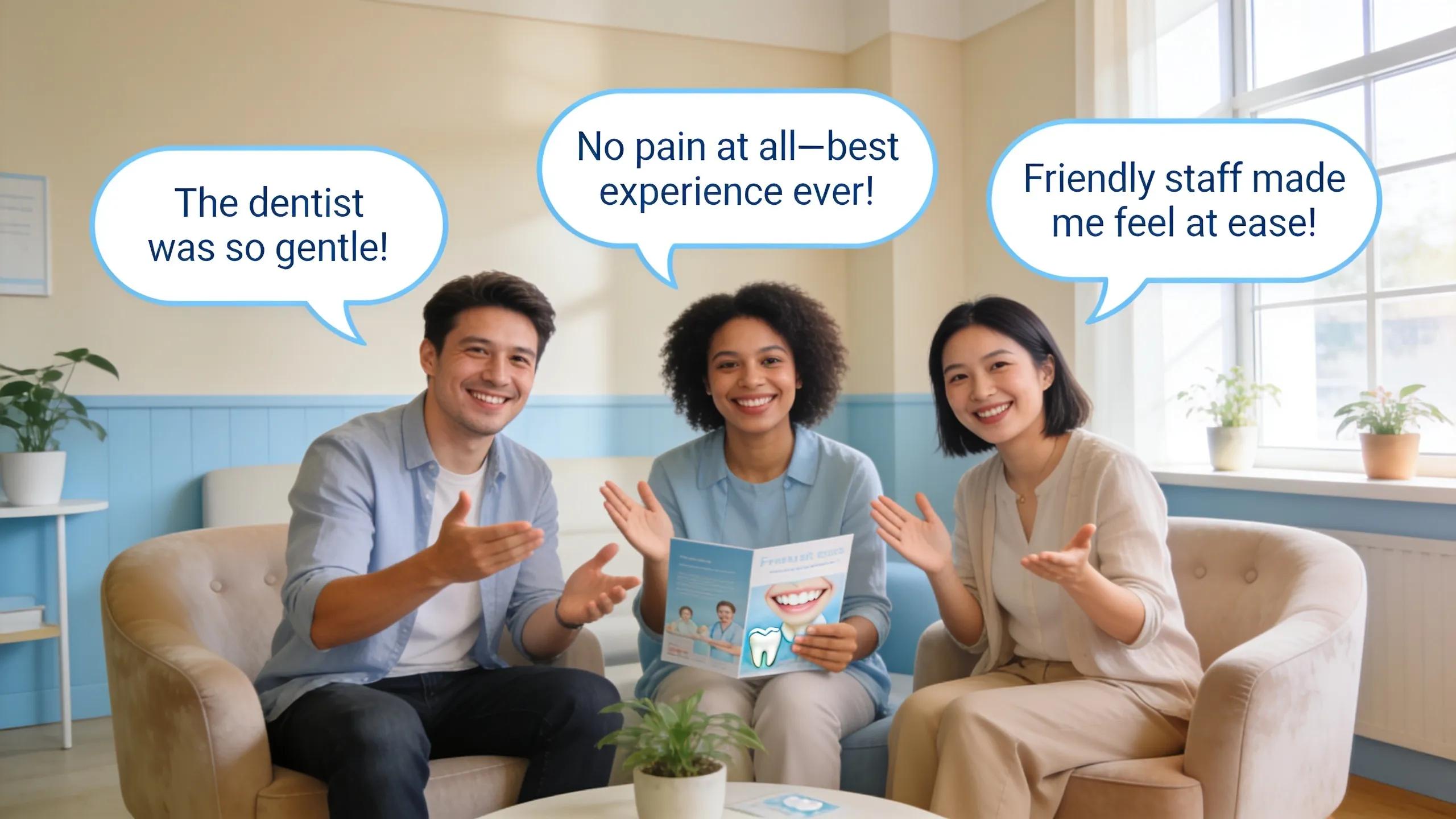 Satisfied patients sharing positive experiences from their dental care visits in a welcoming clinic