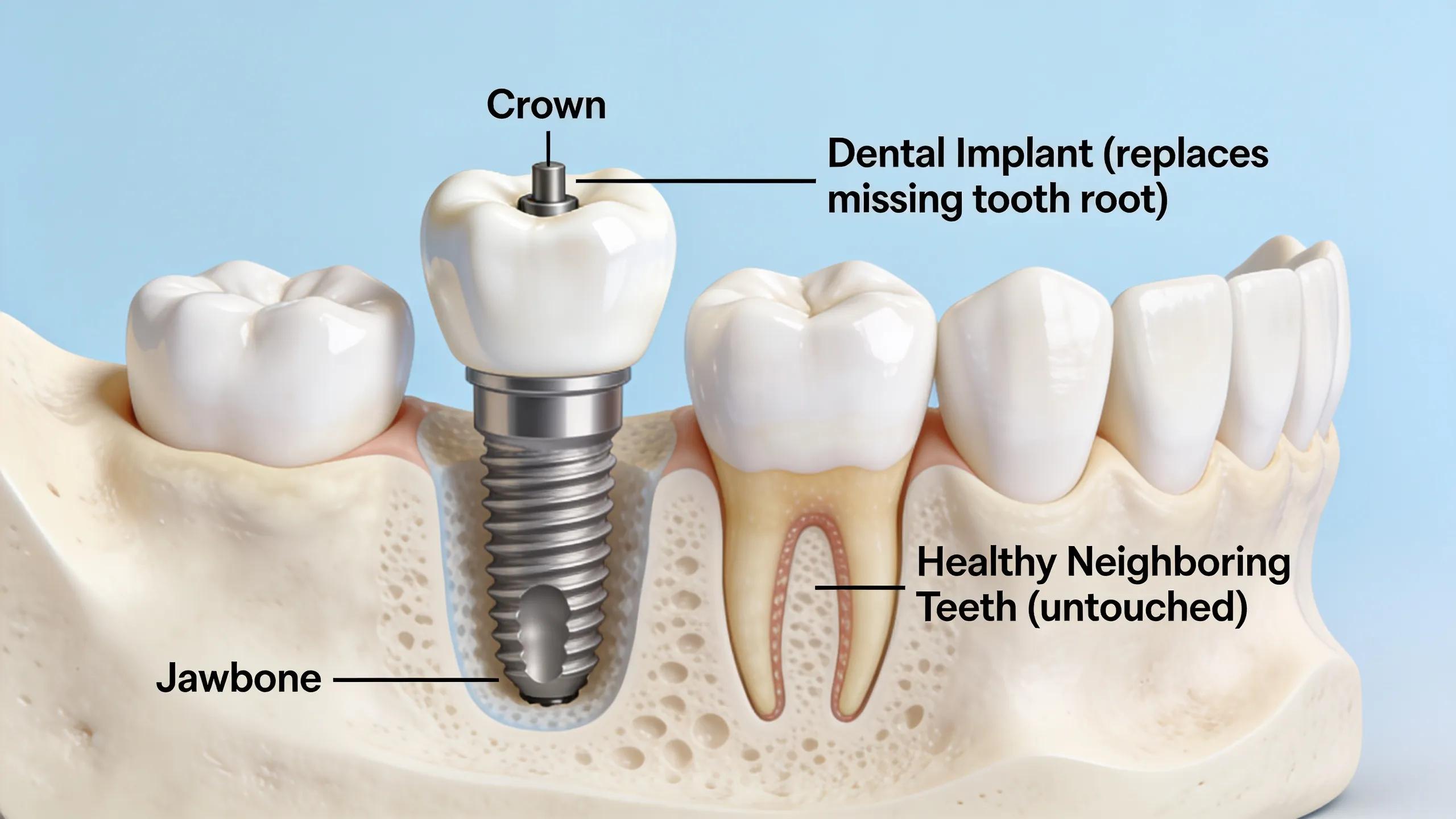 A dental implant replaces the missing tooth root while leaving healthy neighboring teeth untouched