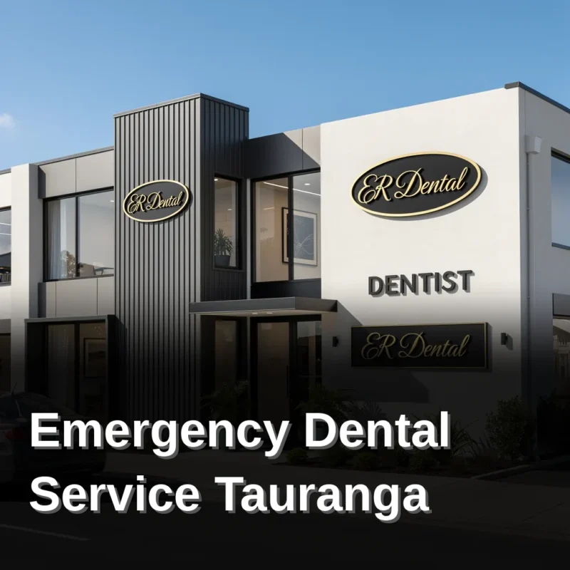 Dental clinic building with a sign displaying contact information in Tauranga