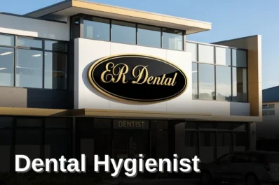 Dental clinic exterior with sign, plants, and parked car