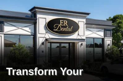 Dental clinic exterior with sign, plants, and parked car